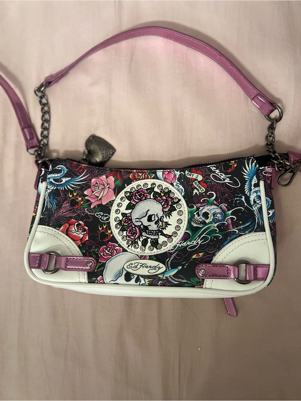 Ed Hardy Black Shoulder Bag with Pink Accents and Skull Rose Motif